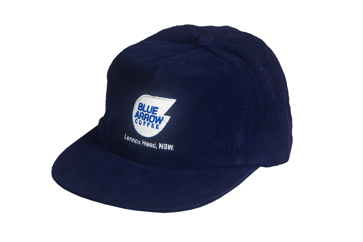 Navy blue cap with Blue Arrow Coffee logo on a white background