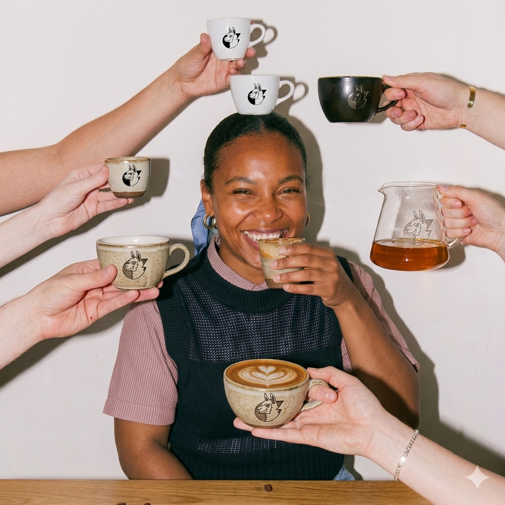 Person pouring milk into a cup of coffee with latte art, using a La Marzocco espresso machine