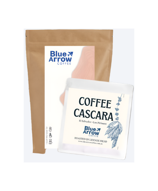 A package of Blue Arrow Coffee Cascara, which is a type of coffee made from dried cherry skins. The package is brown with a blue label, and there is a white packet visible with the text 'COFFEE CASCARA' and 'roasted in El Salvador'.