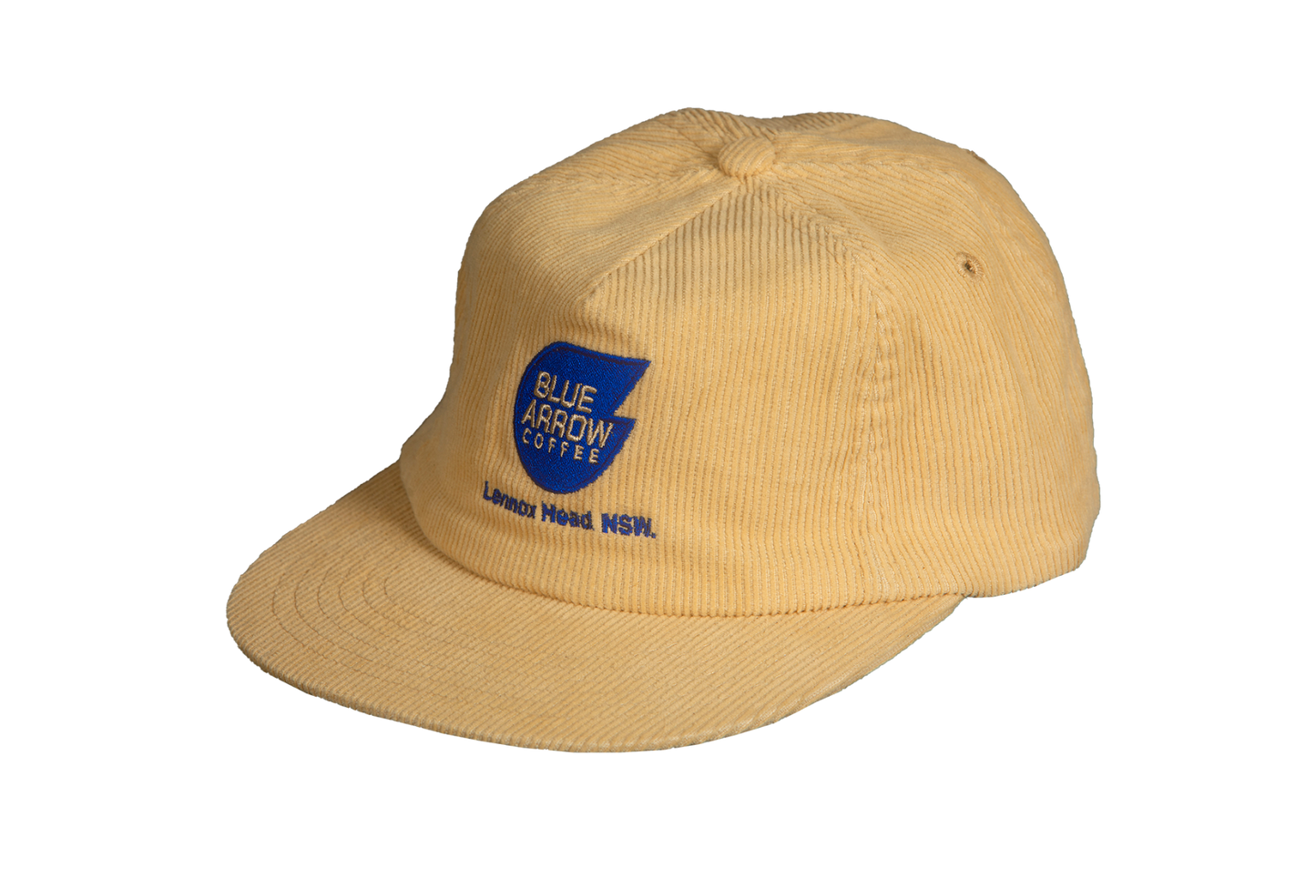 Beige cap with Blue Arrow Coffee logo on a white background