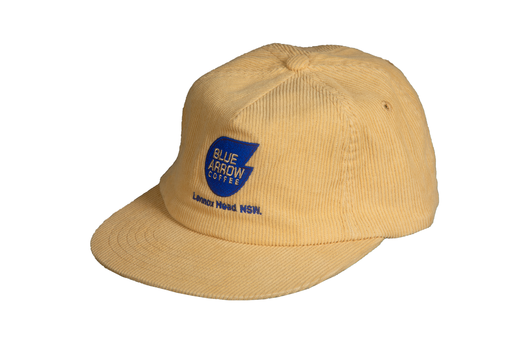 Beige cap with Blue Arrow Coffee logo on a white background