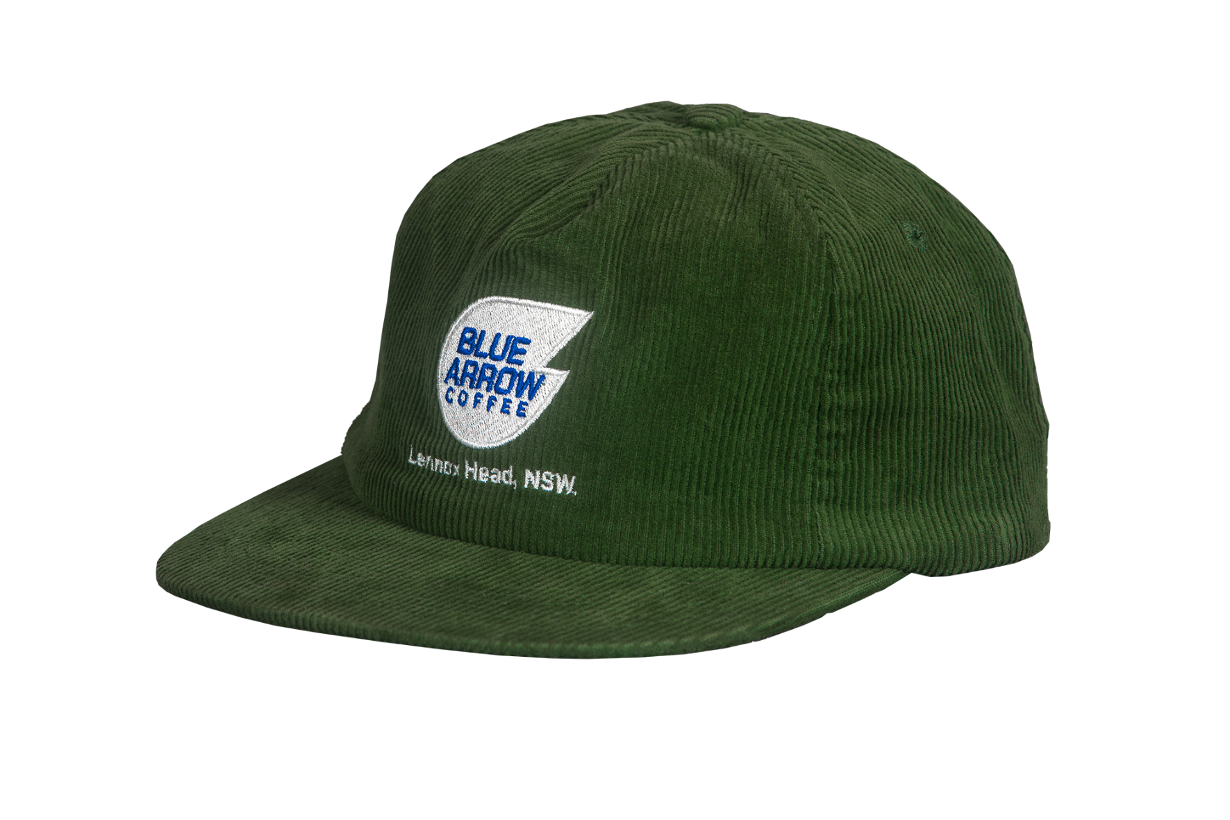 Green cap with Blue Arrow Coffee logo on a white background