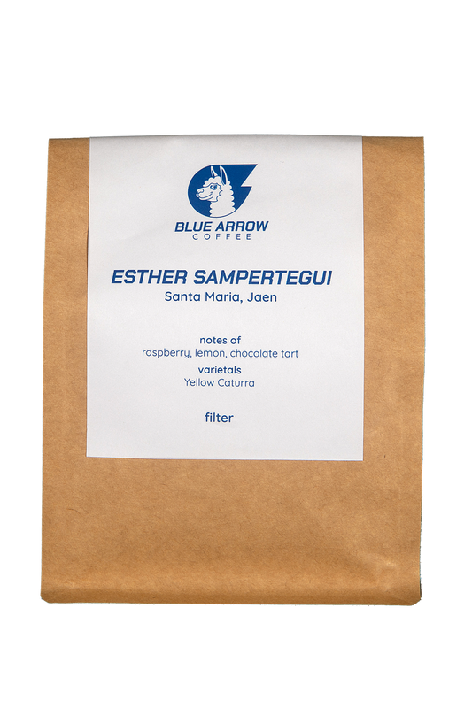 Coffee beans package with 'Blue Arrow Coffee' branding and product details on a white background