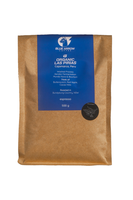 Coffee beans bag with Blue Arrow label on a white background