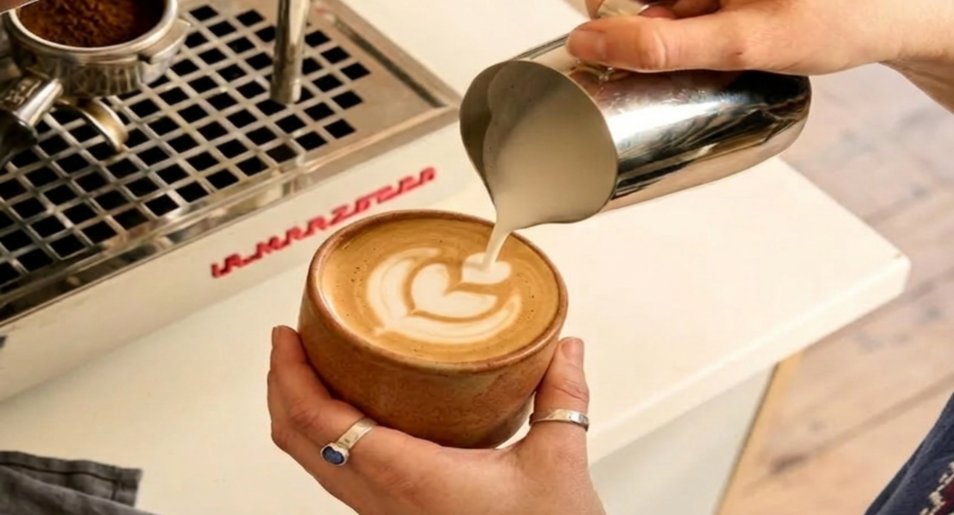 Person pouring milk into a cup of coffee with latte art, using a La Marzocco espresso machine