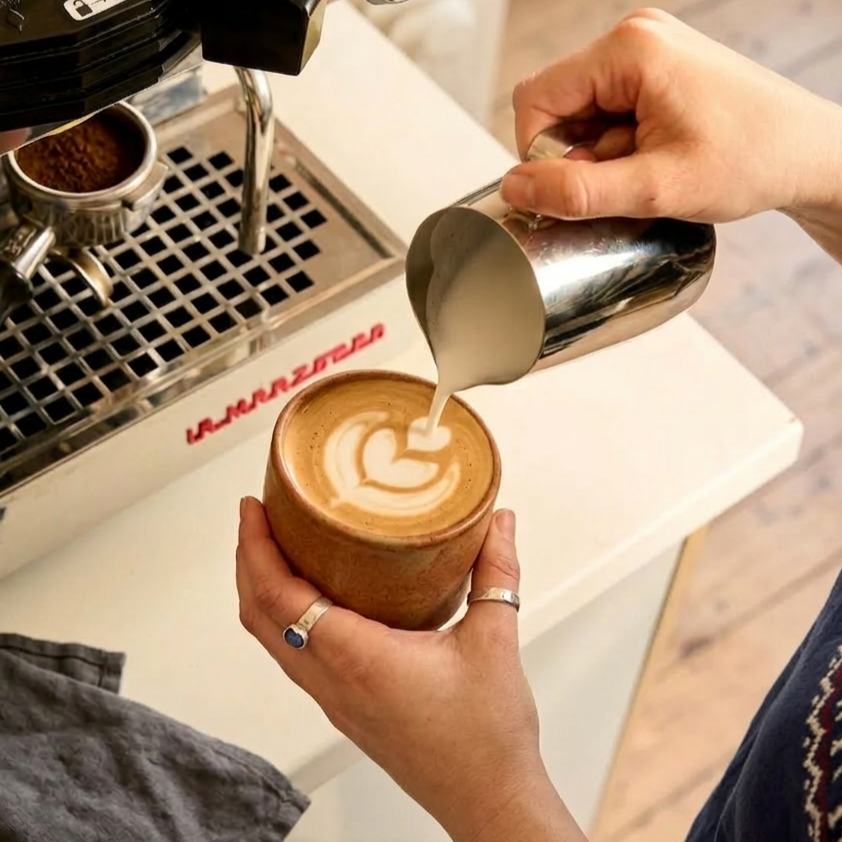 Person pouring milk into a cup of coffee with latte art, using a La Marzocco espresso machine
